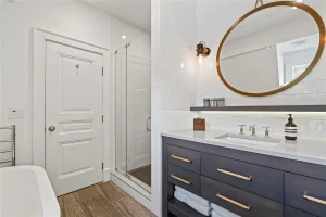 Blue Stained Bath Vanity and Shelf